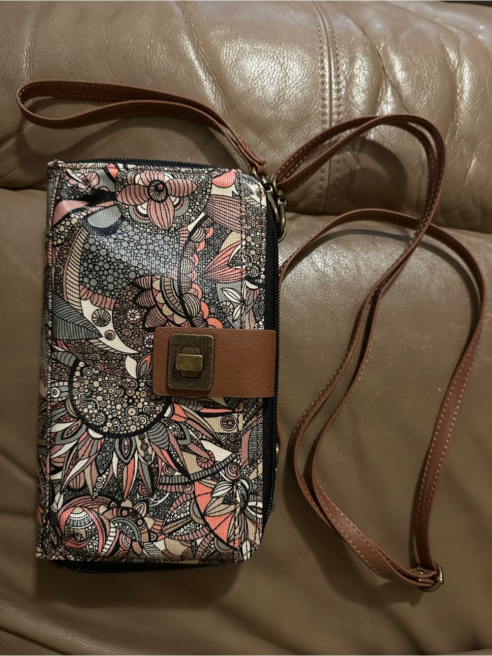 Sakroots Floral Crossbody Wristlet in Pink & Brown